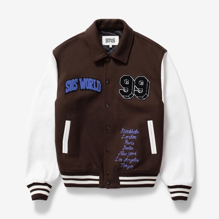 Wool Varsity Jacket - color: brown/white with patches